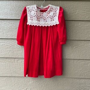 Vintage Eber Girl Dress Soft Red Velvet with Ivory lace Collar Girl size 6X